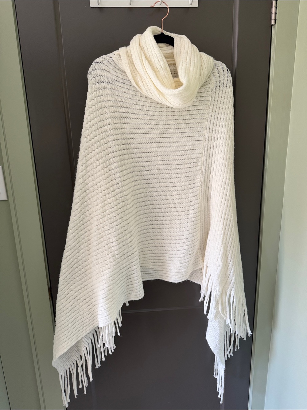 Cream Knit Fringe Poncho with Cowl Neck - Brand Unspecified